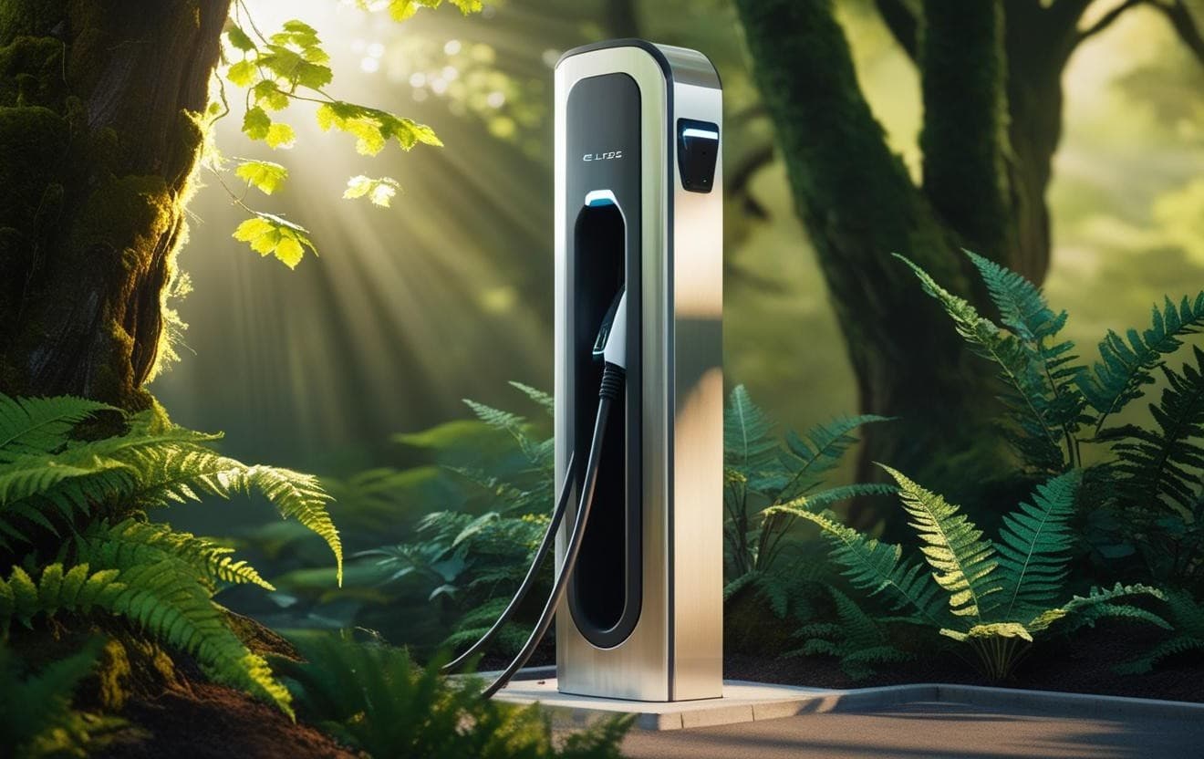 AI-genererad bild på en laddstolpe för elbil i skogen