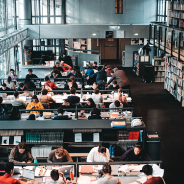 Personer som pluggar i ett bibliotek. 